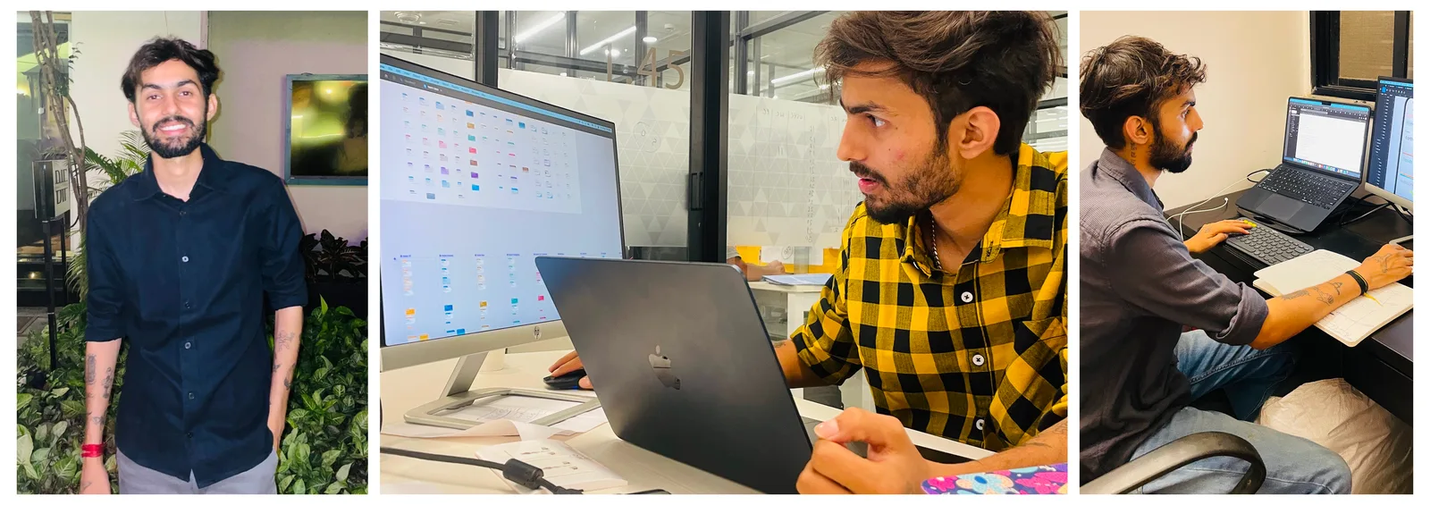 Harshit Khicher at his desk, working across dual monitors and sketching in a notebook